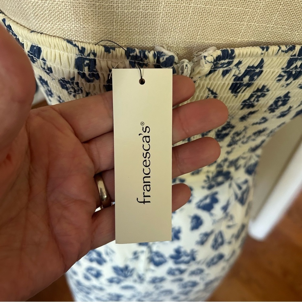 NWT Francesca’s Natasha Puff Sleeve Side Slit Midi Dress blue/white Small Lined - Picture 4 of 10